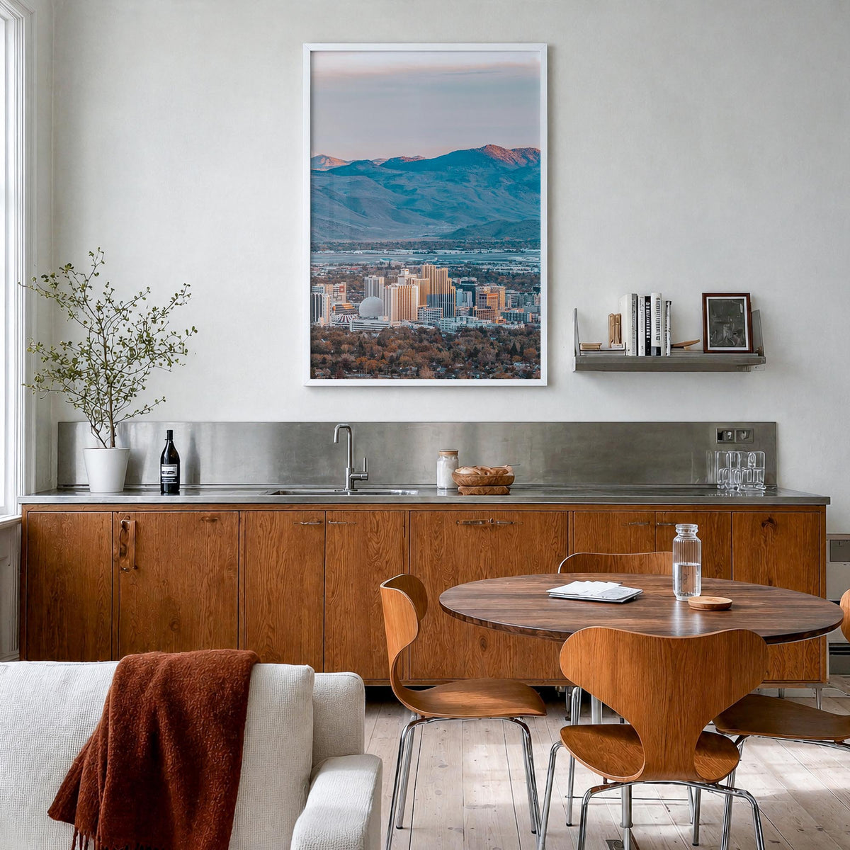 Reno colorful photo poster of Nevada, USA – vertical wall art in white wood frame, hanging on wall