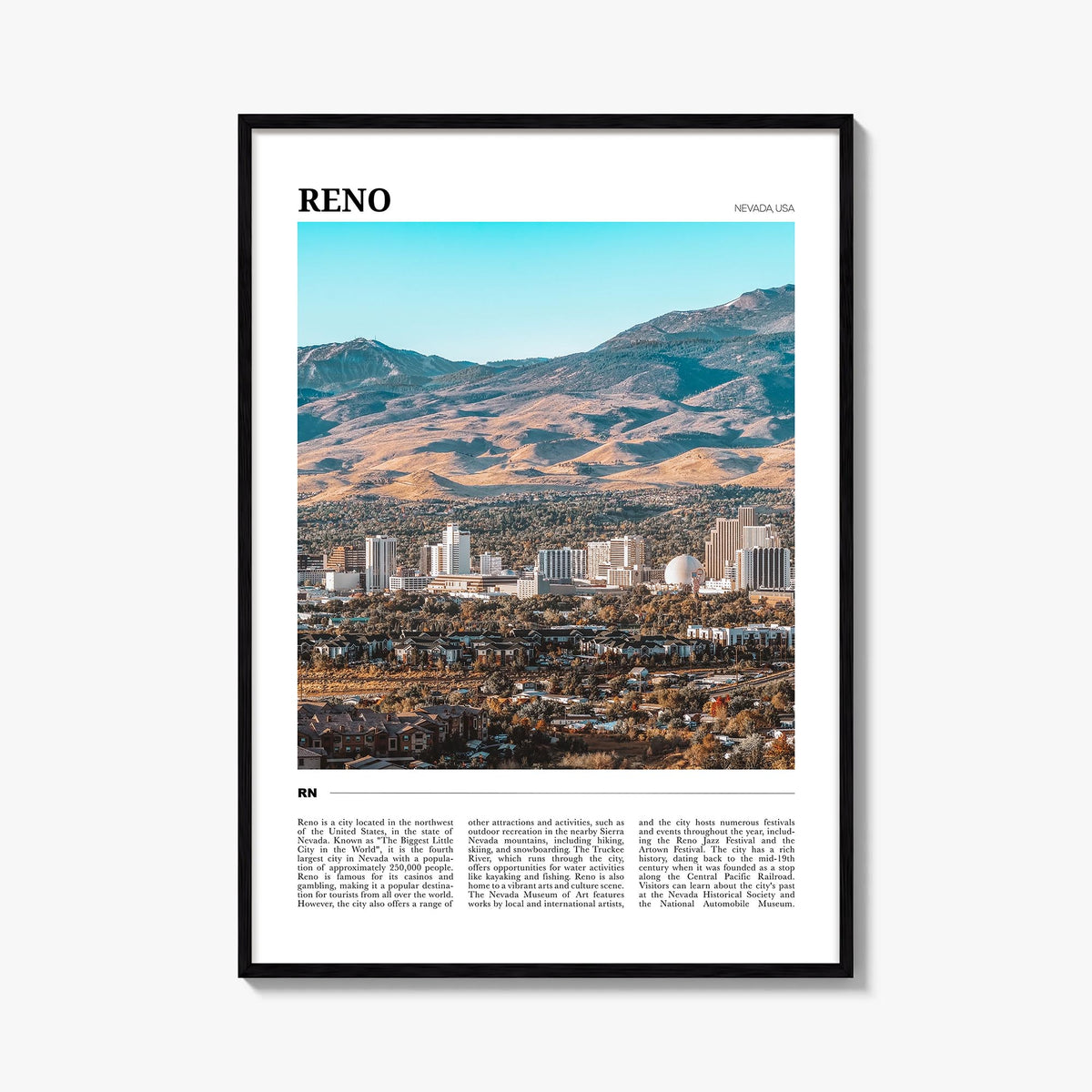 Reno colorful travel poster of Nevada, USA – vertical wall art, unframed print shown in interior mockup