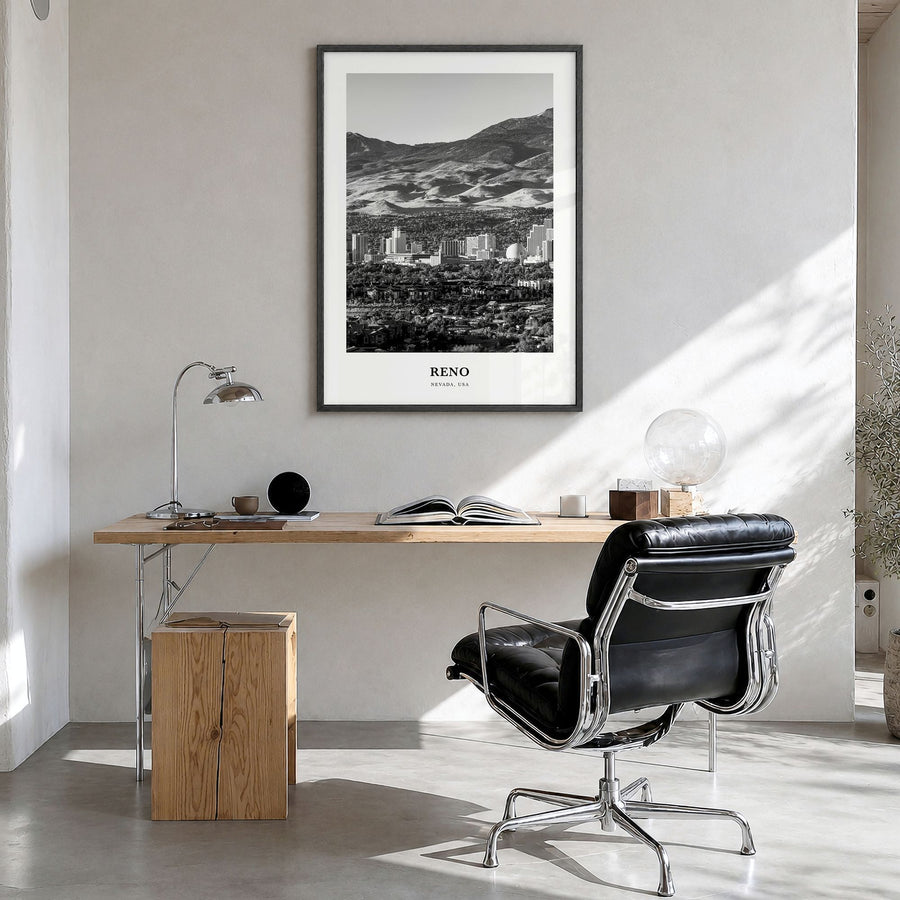 Reno Classic Poster in a black wood frame, hanging in a bright home office