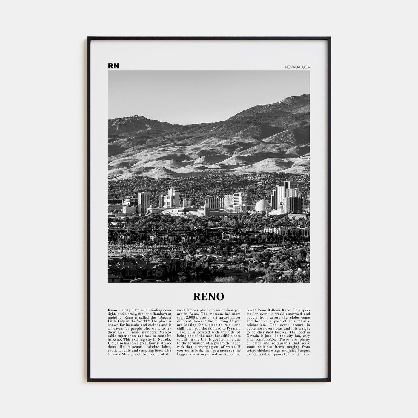 Reno Poster Black Metal / 8x12 in Nbourhood Travel B&W Poster