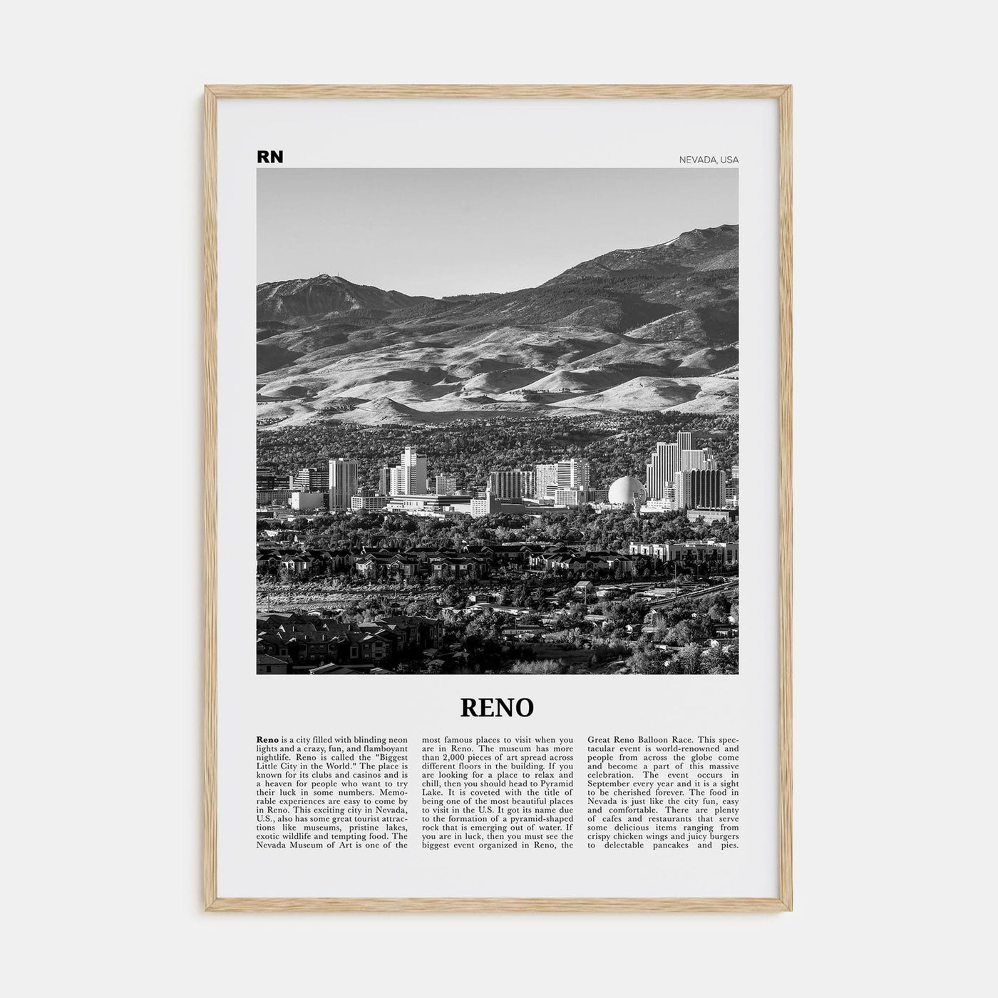 Reno Poster Natural Wood / 8x12 in Nbourhood Travel B&W Poster