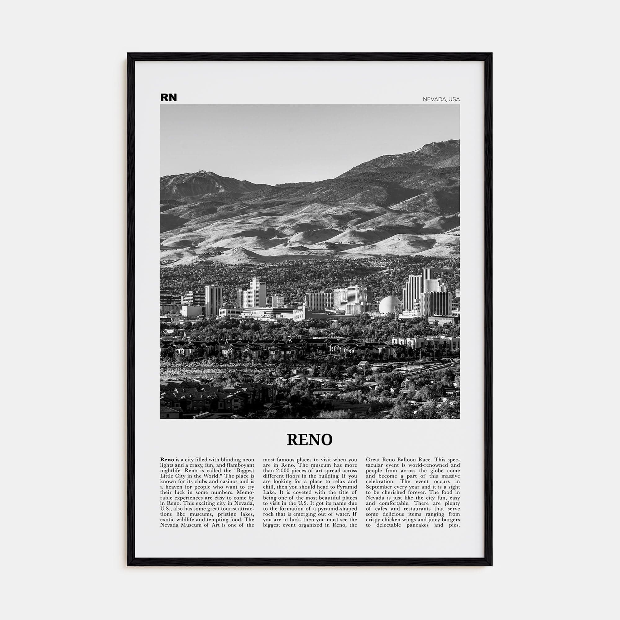 Reno Poster Black Wood / 8x12 in Nbourhood Travel B&W Poster