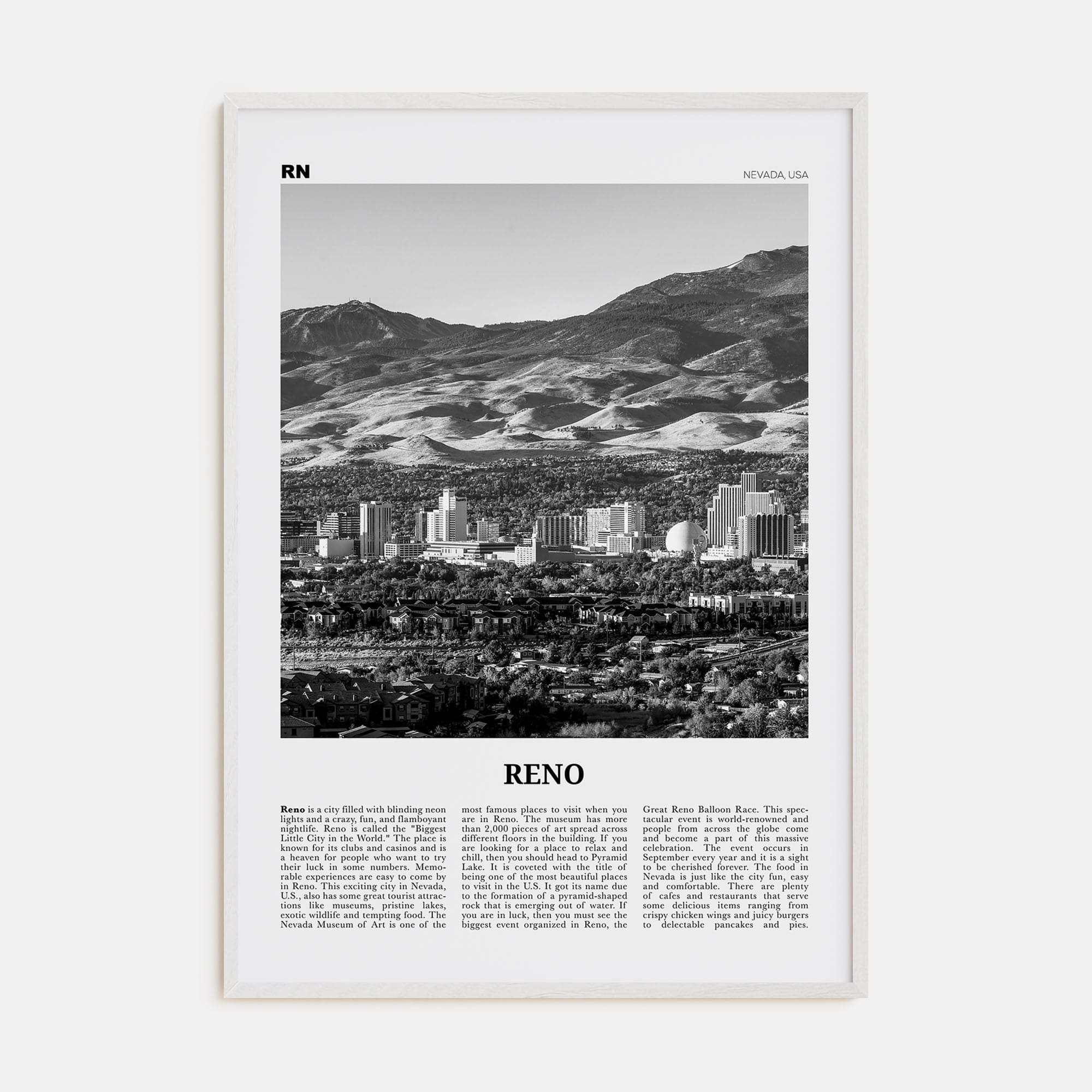 Reno Poster White Wood / 8x12 in Nbourhood Travel B&W Poster