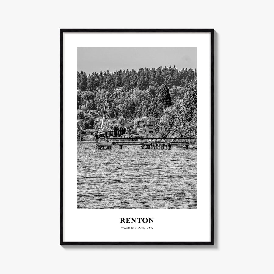 Renton black & white classic poster of Washington, USA – vertical wall art, unframed print shown in interior mockup