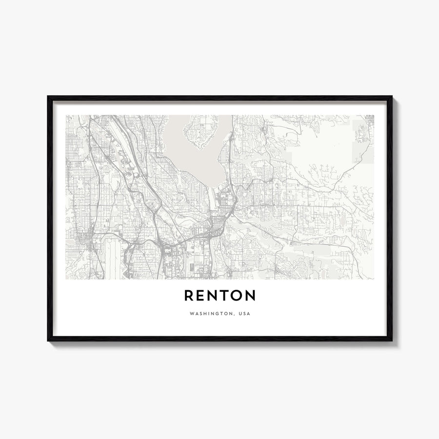 Renton black & white map poster of Washington, USA – horizontal wall art, unframed print shown in interior mockup