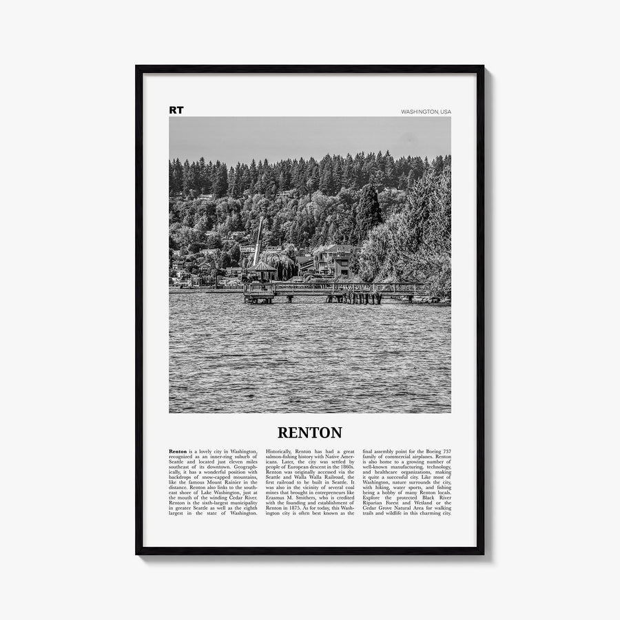 Renton black & white newspaper poster of Washington, USA – vertical wall art, unframed print shown in interior mockup