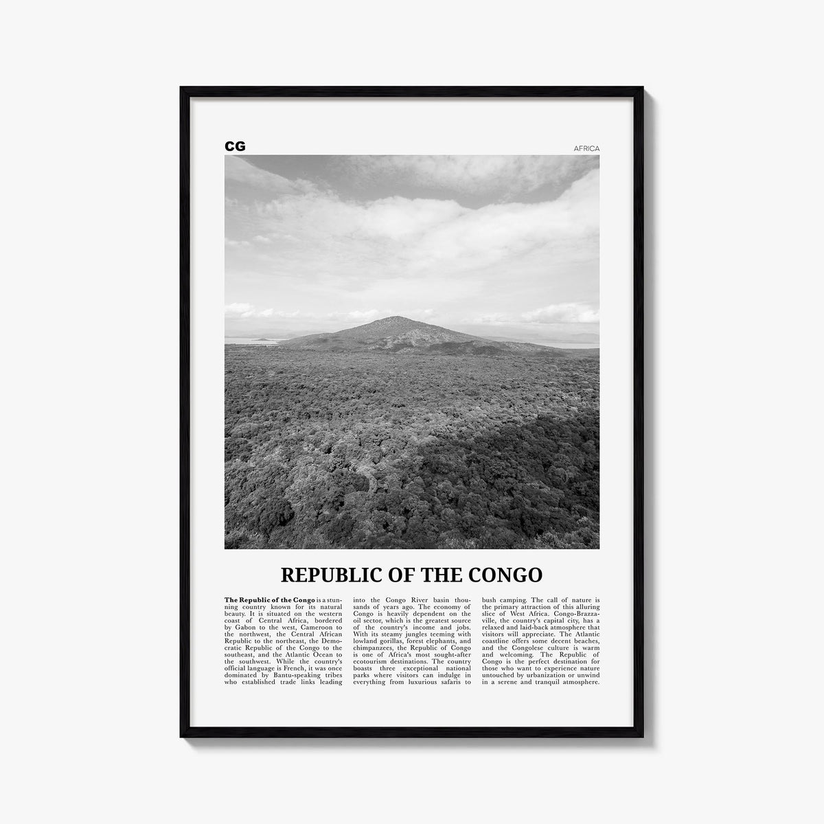 Republic of the Congo black & white newspaper poster of Africa – vertical wall art, unframed print shown in interior mockup