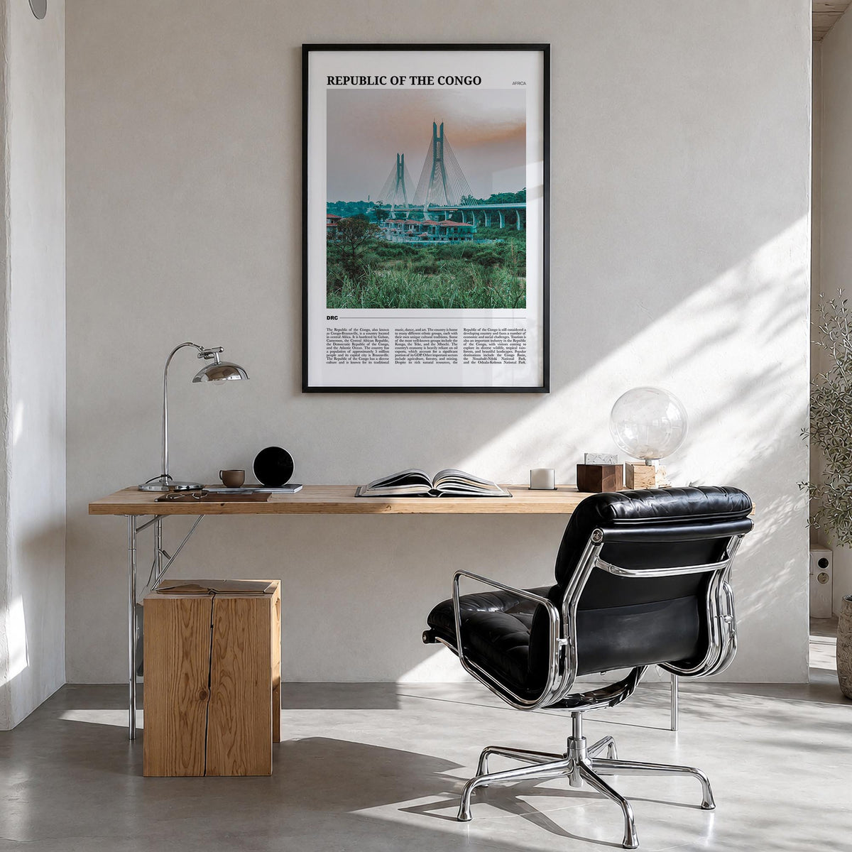 Republic of the Congo colorful travel poster of Africa – vertical wall art in black wood frame, hanging on wall