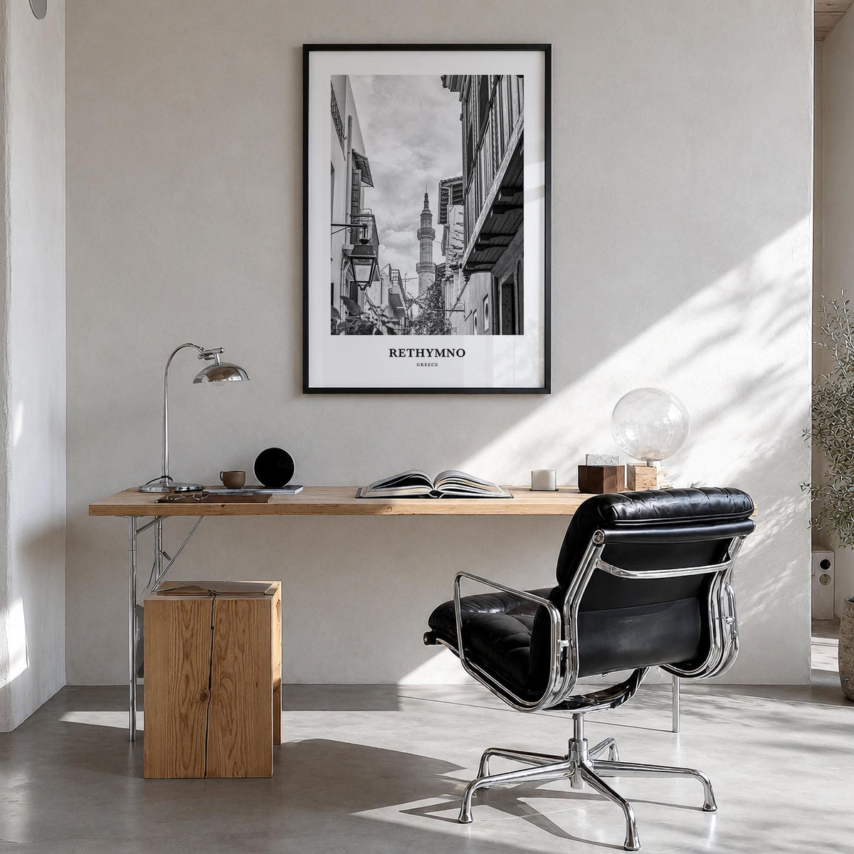 Rethymno black & white classic poster of Greece – vertical wall art in black wood frame, hanging on wall