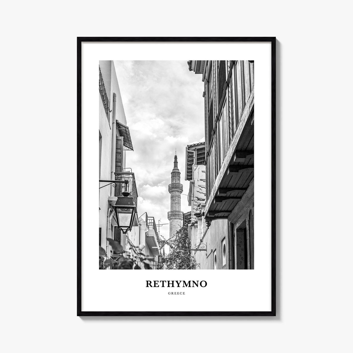 Rethymno black & white classic poster of Greece – vertical wall art, unframed print shown in interior mockup