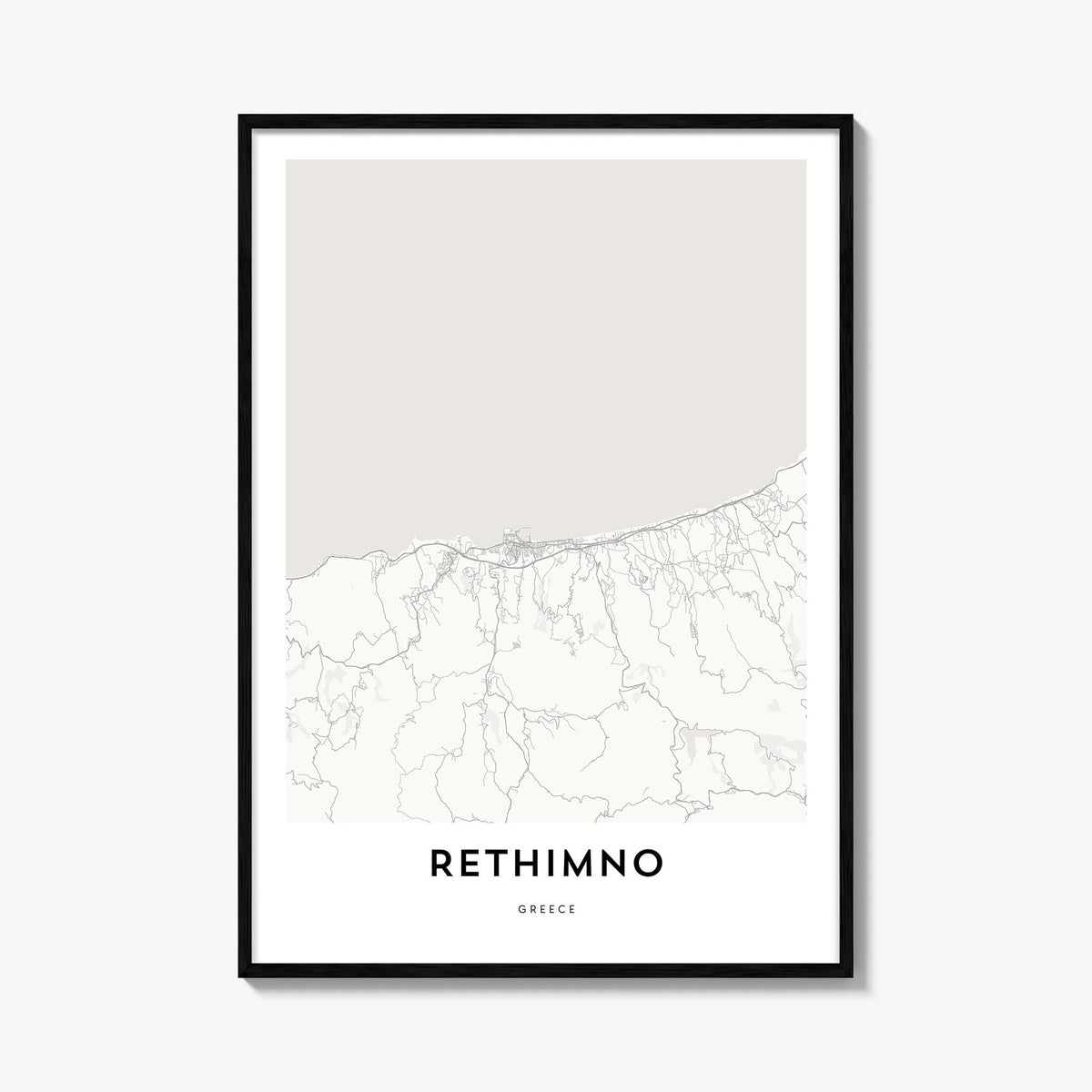 Rethymno black & white map poster of Greece – vertical wall art, unframed print shown in interior mockup
