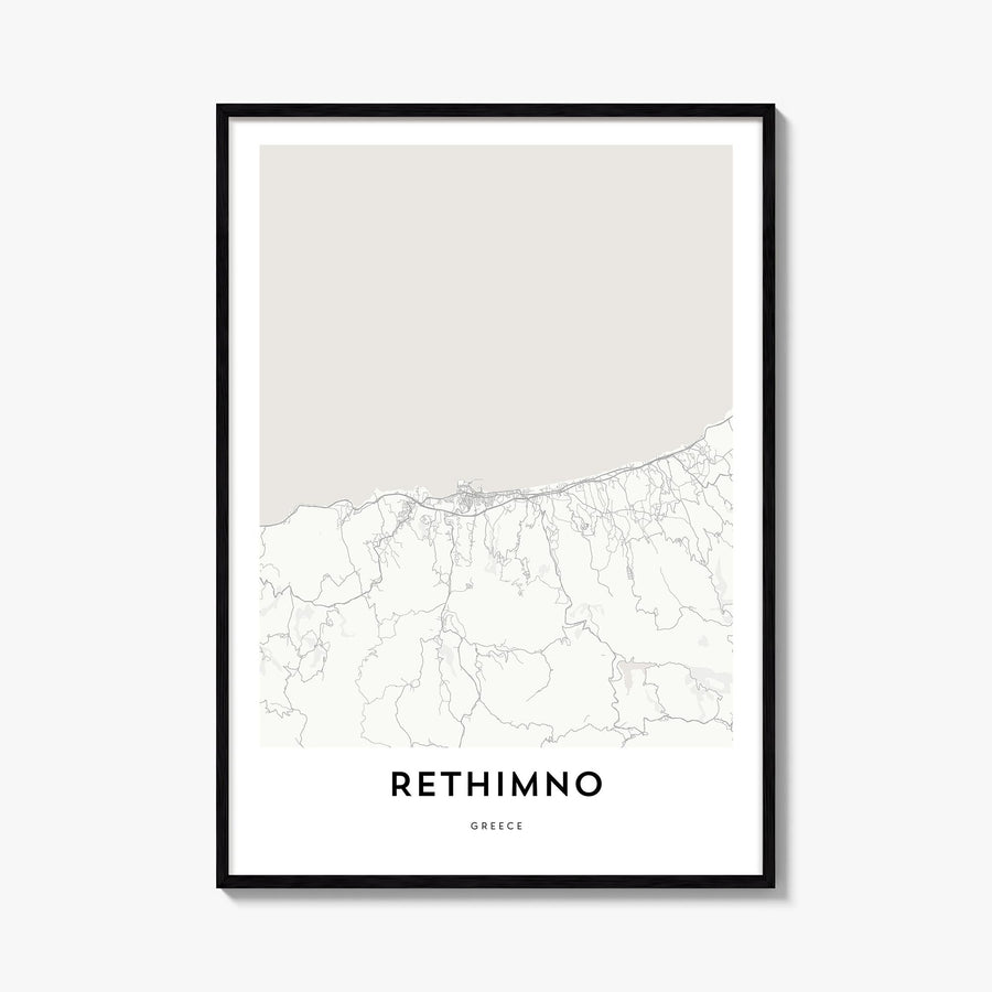 Rethymno black & white map poster of Greece – vertical wall art, unframed print shown in interior mockup