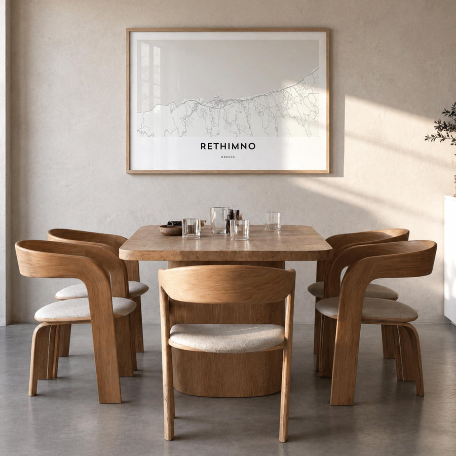 Rethymno black & white map poster of Greece – horizontal wall art in natural wood frame, hanging on wall