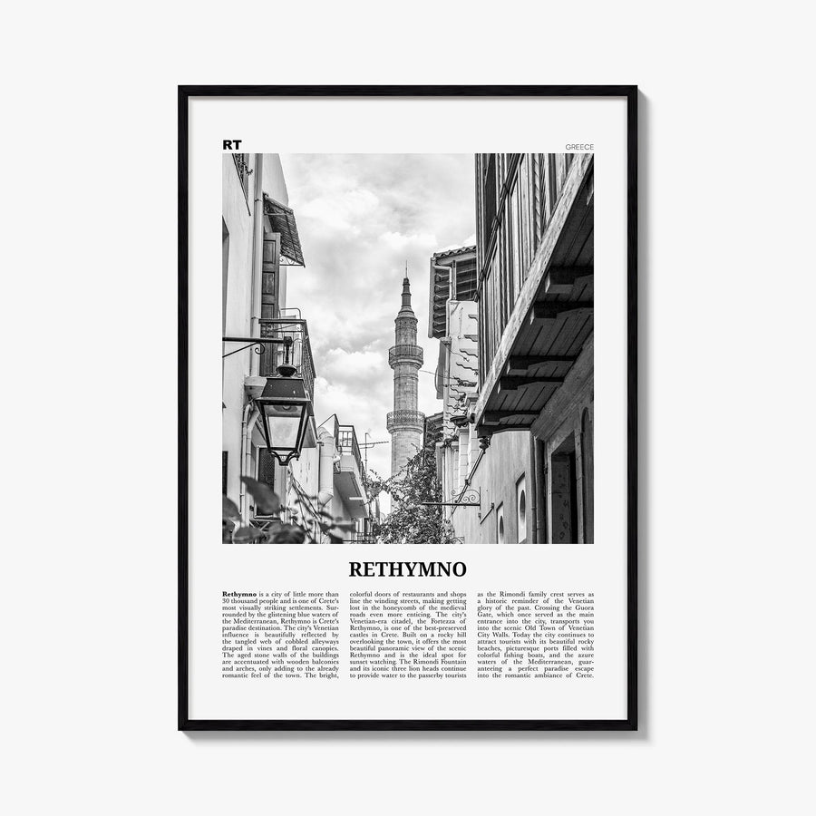 Rethymno black & white newspaper poster of Greece – vertical wall art, unframed print shown in interior mockup