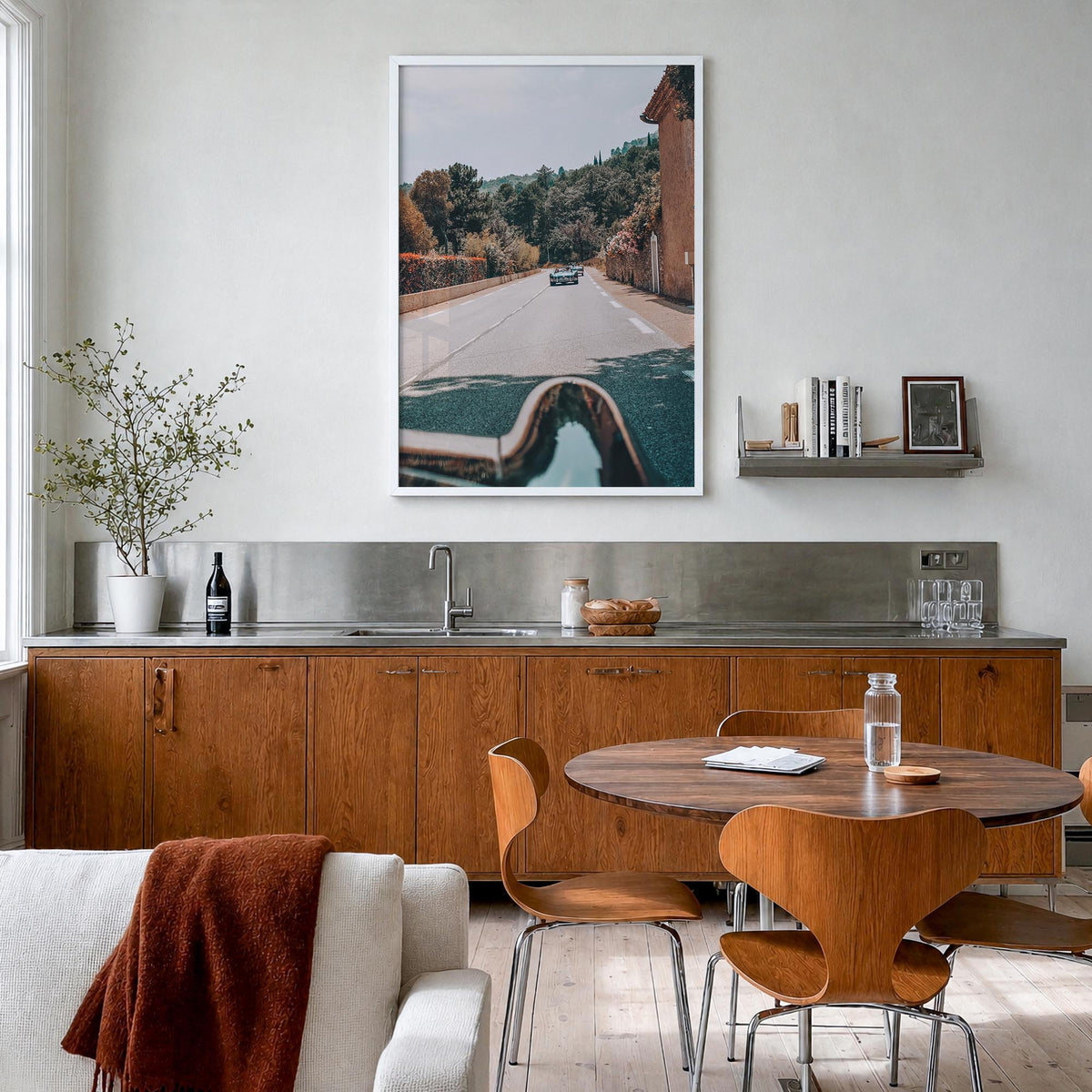 Retro Car on Road colorful photo poster – vertical wall art in white wood frame, hanging on wall