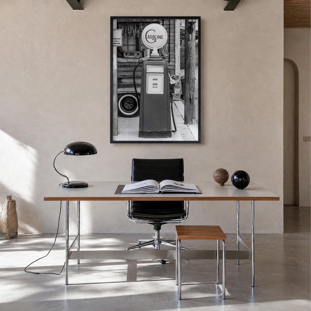 Retro Gas Pump black & white photo poster – vertical wall art in black wood frame, hanging on wall