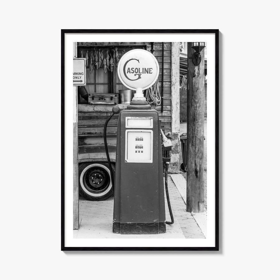 Retro Gas Pump black & white photo poster – vertical wall art, unframed print shown in interior mockup