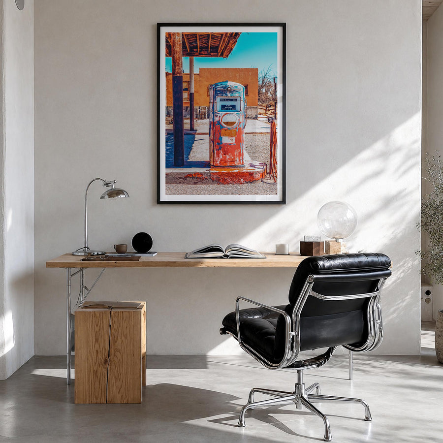 Retro Gas Pump colorful photo poster – vertical wall art in black wood frame with white border, hanging on wall