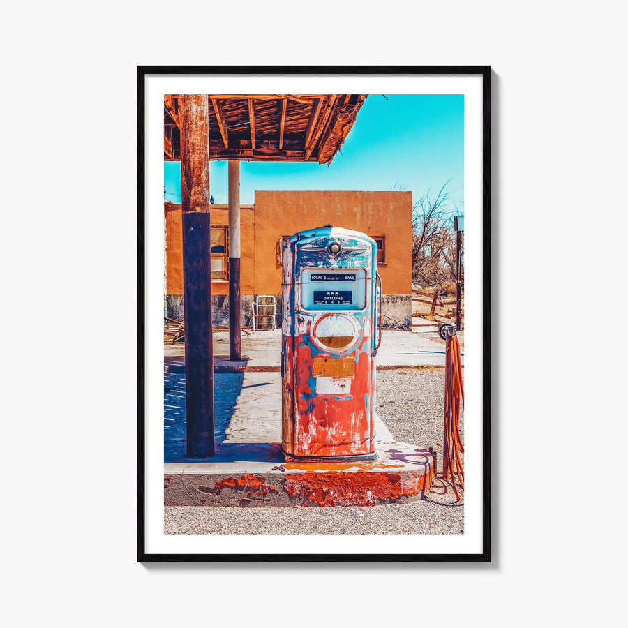 Retro Gas Pump colorful photo poster – vertical wall art, unframed print shown in interior mockup