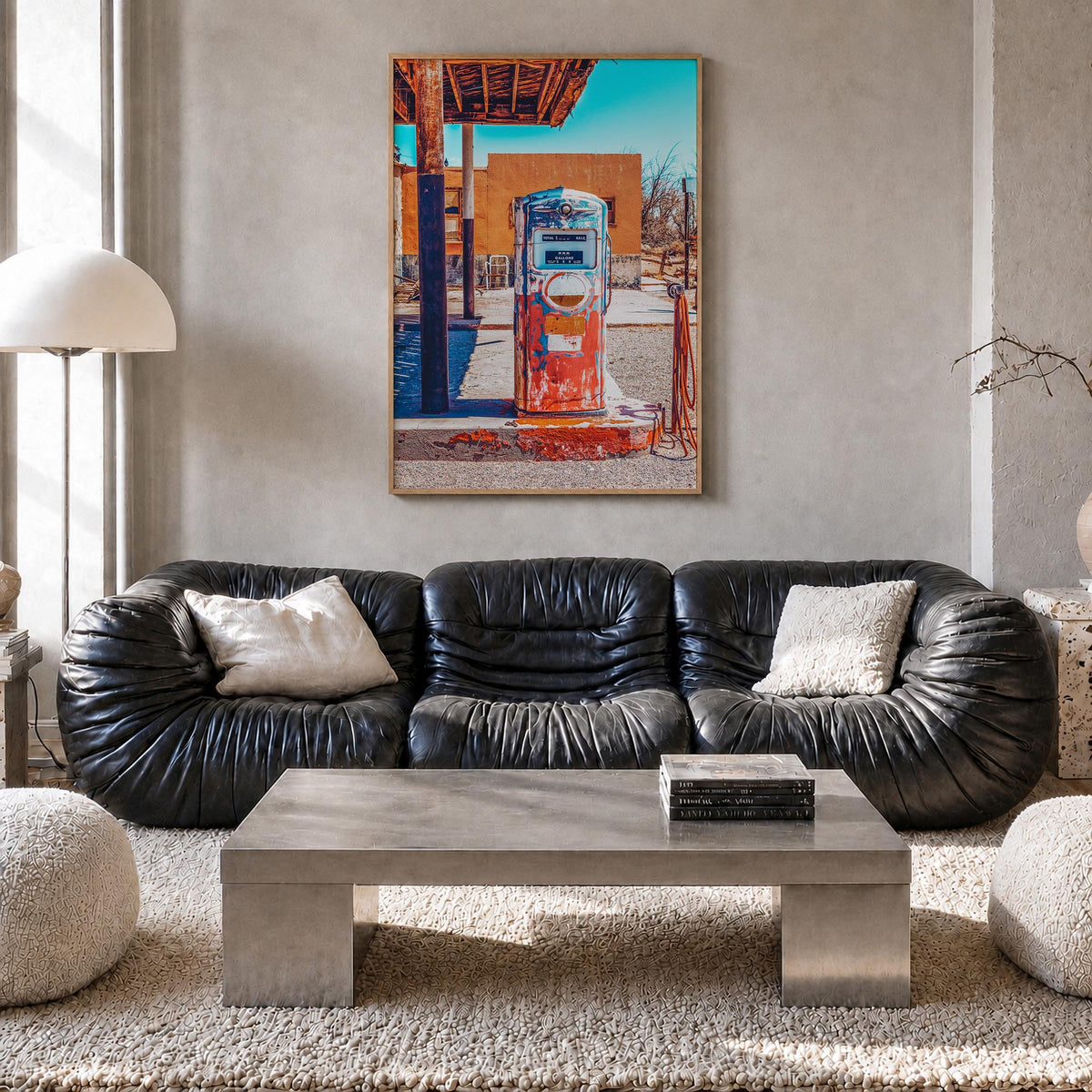 Retro Gas Pump colorful photo poster – vertical wall art in natural wood frame, hanging on wall