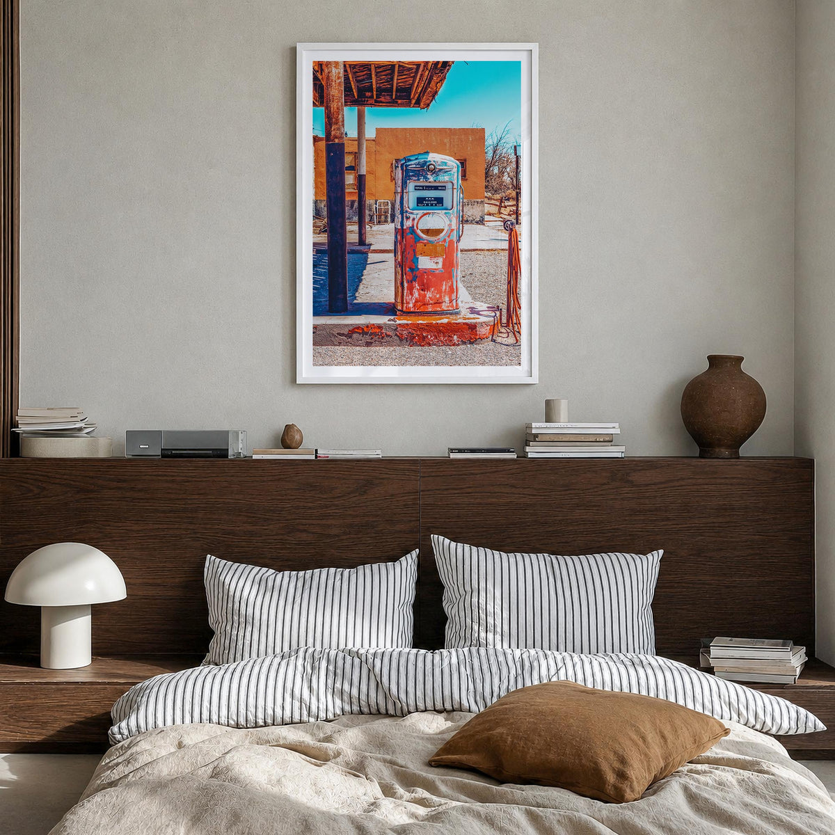 Retro Gas Pump colorful photo poster – vertical wall art in white wood frame with white border, hanging on wall