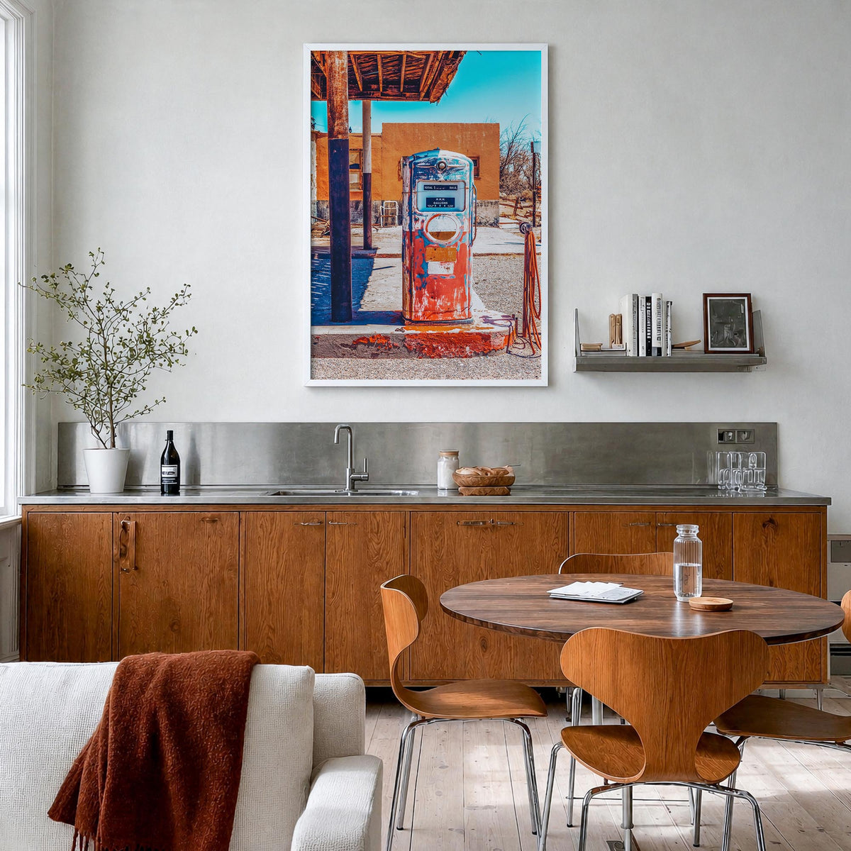 Retro Gas Pump colorful photo poster – vertical wall art in white wood frame, hanging on wall