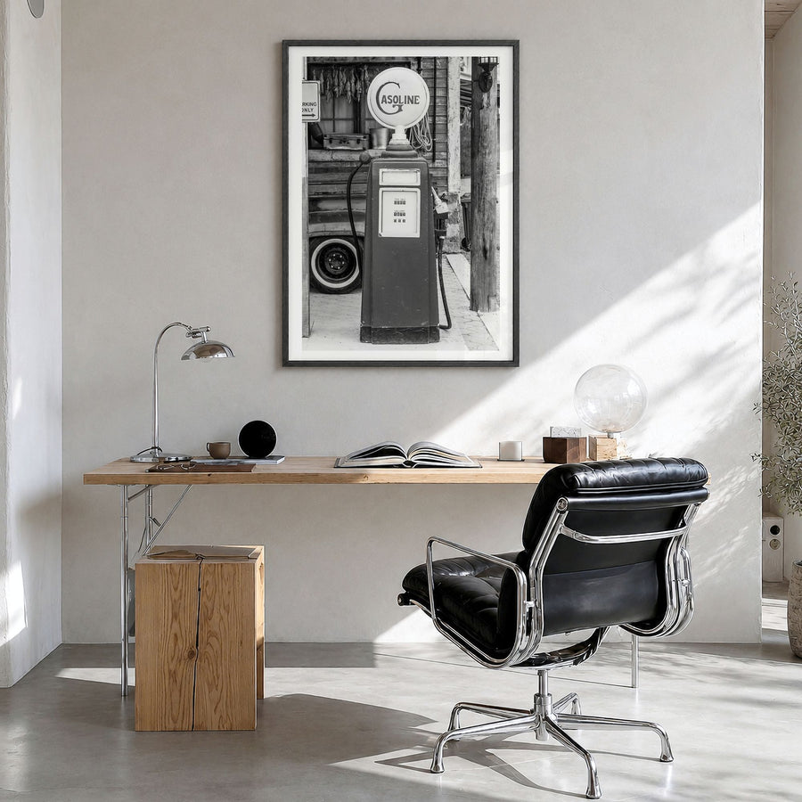 Retro Gas Pump Photo Poster in a black wood frame, hanging in a bright home office, white border