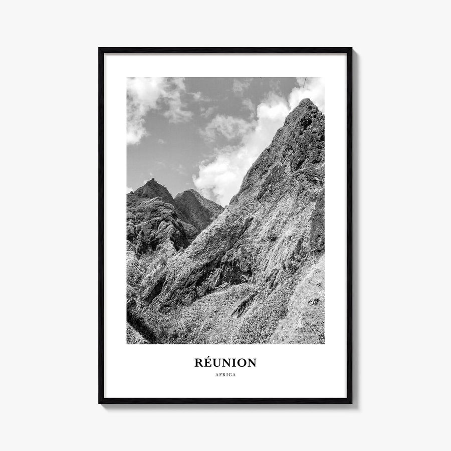 Réunion black & white classic poster of Africa – vertical wall art, unframed print shown in interior mockup
