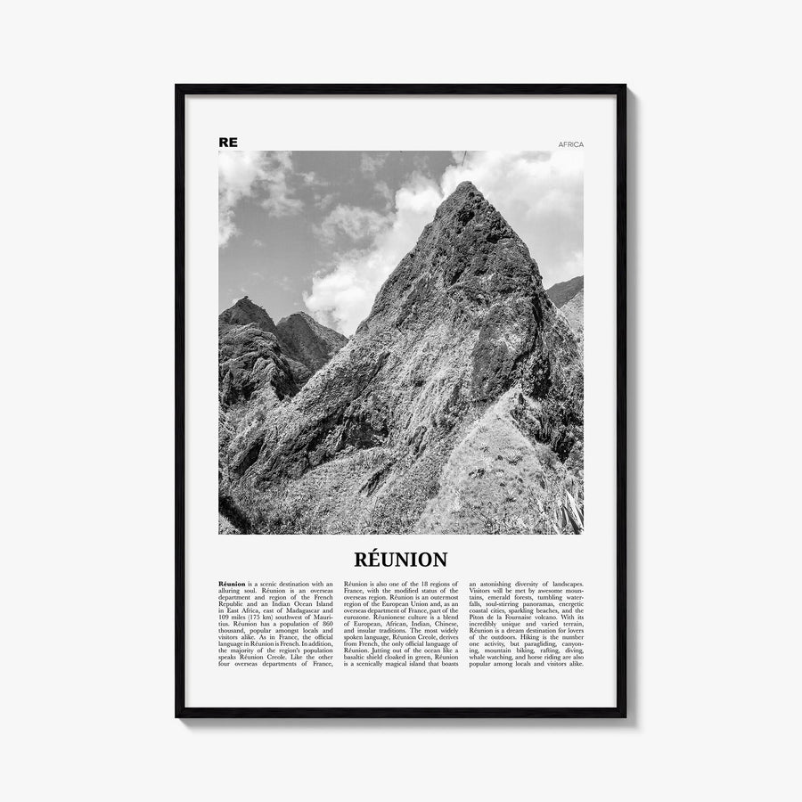 Réunion black & white newspaper poster of Africa – vertical wall art, unframed print shown in interior mockup