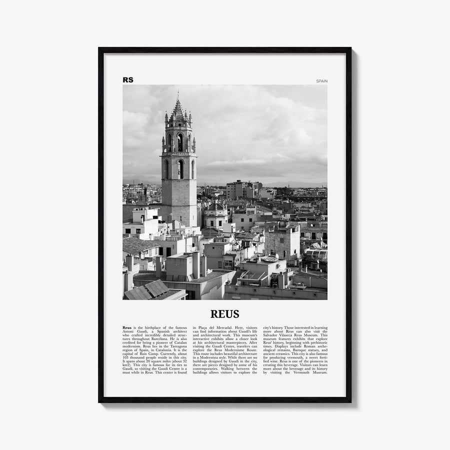 Reus black & white newspaper poster of Spain – vertical wall art, unframed print shown in interior mockup