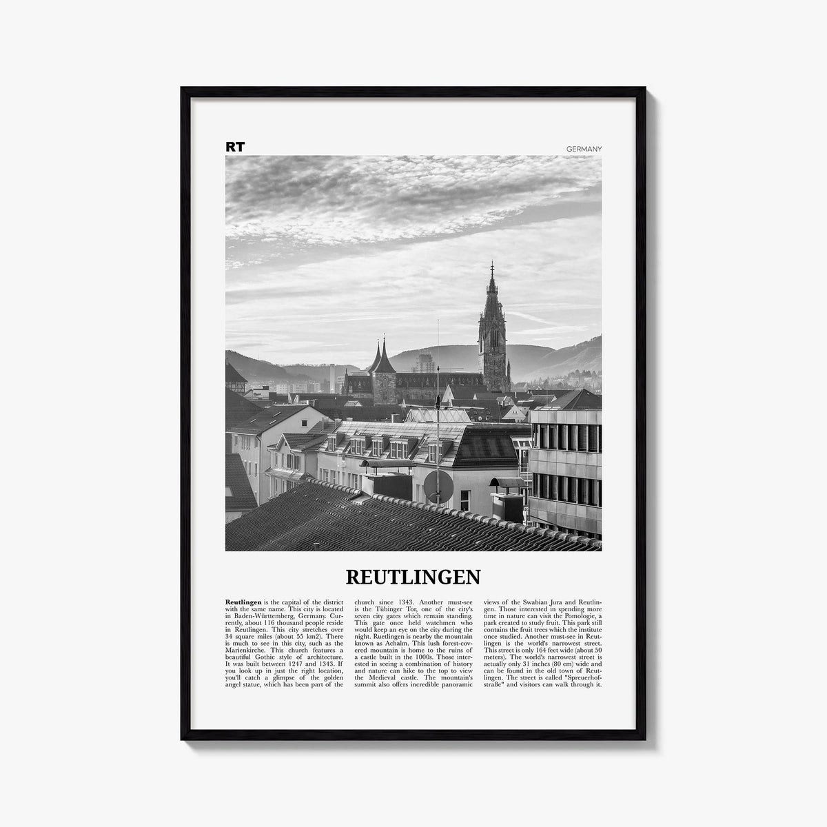 Reutlingen black & white newspaper poster of Germany – vertical wall art, unframed print shown in interior mockup