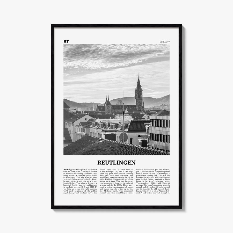 Reutlingen black & white newspaper poster of Germany – vertical wall art, unframed print shown in interior mockup