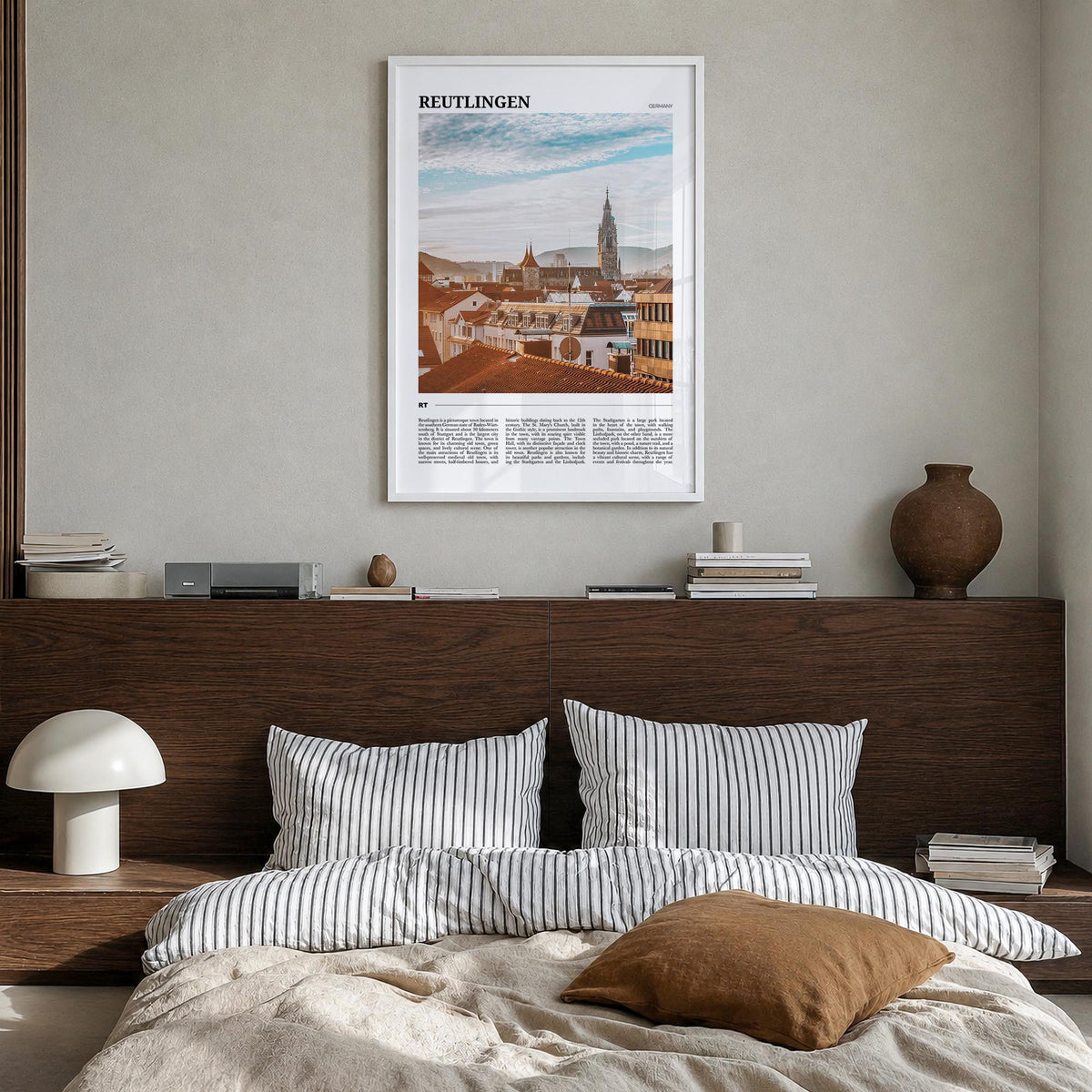 Reutlingen colorful travel poster of Germany – vertical wall art in white wood frame, hanging on wall