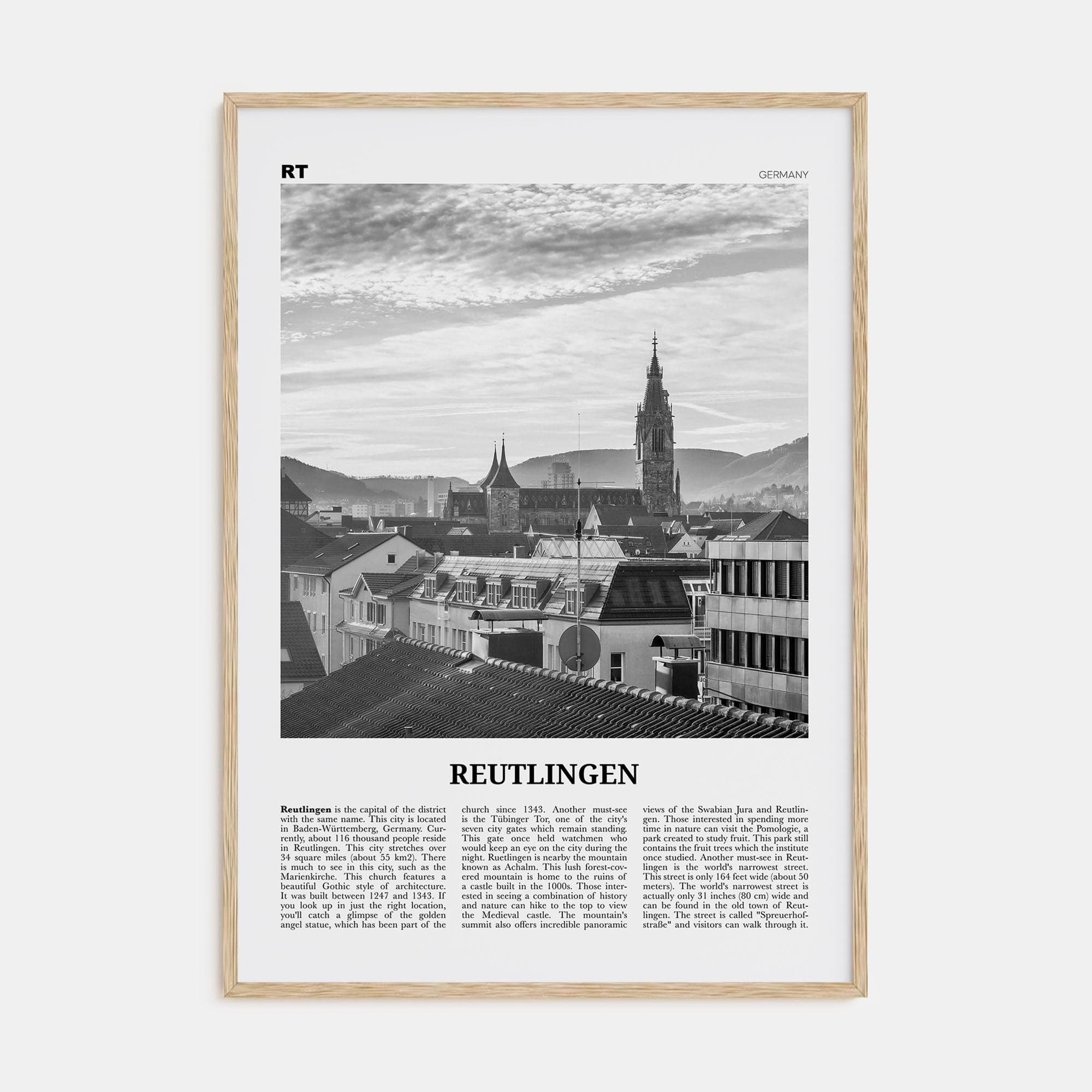 Reutlingen Poster Natural Wood / 8x12 in Nbourhood Travel B&W Poster