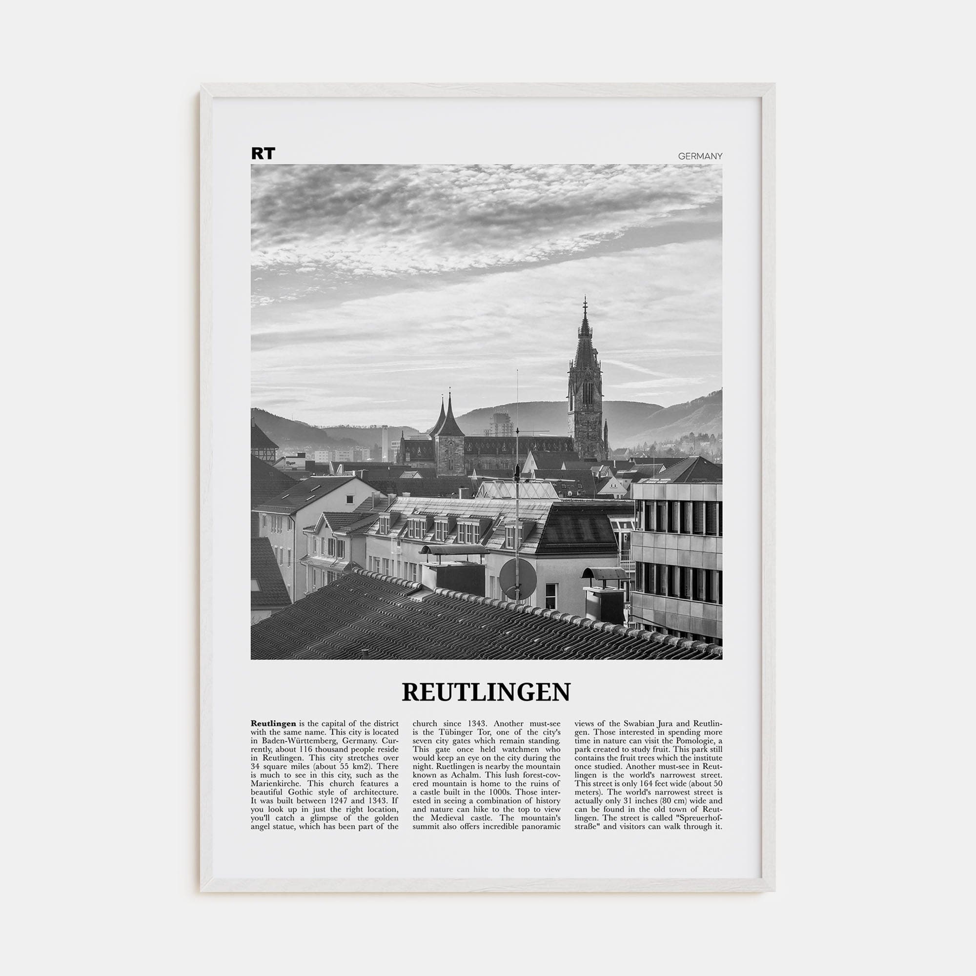 Reutlingen Poster White Wood / 8x12 in Nbourhood Travel B&W Poster