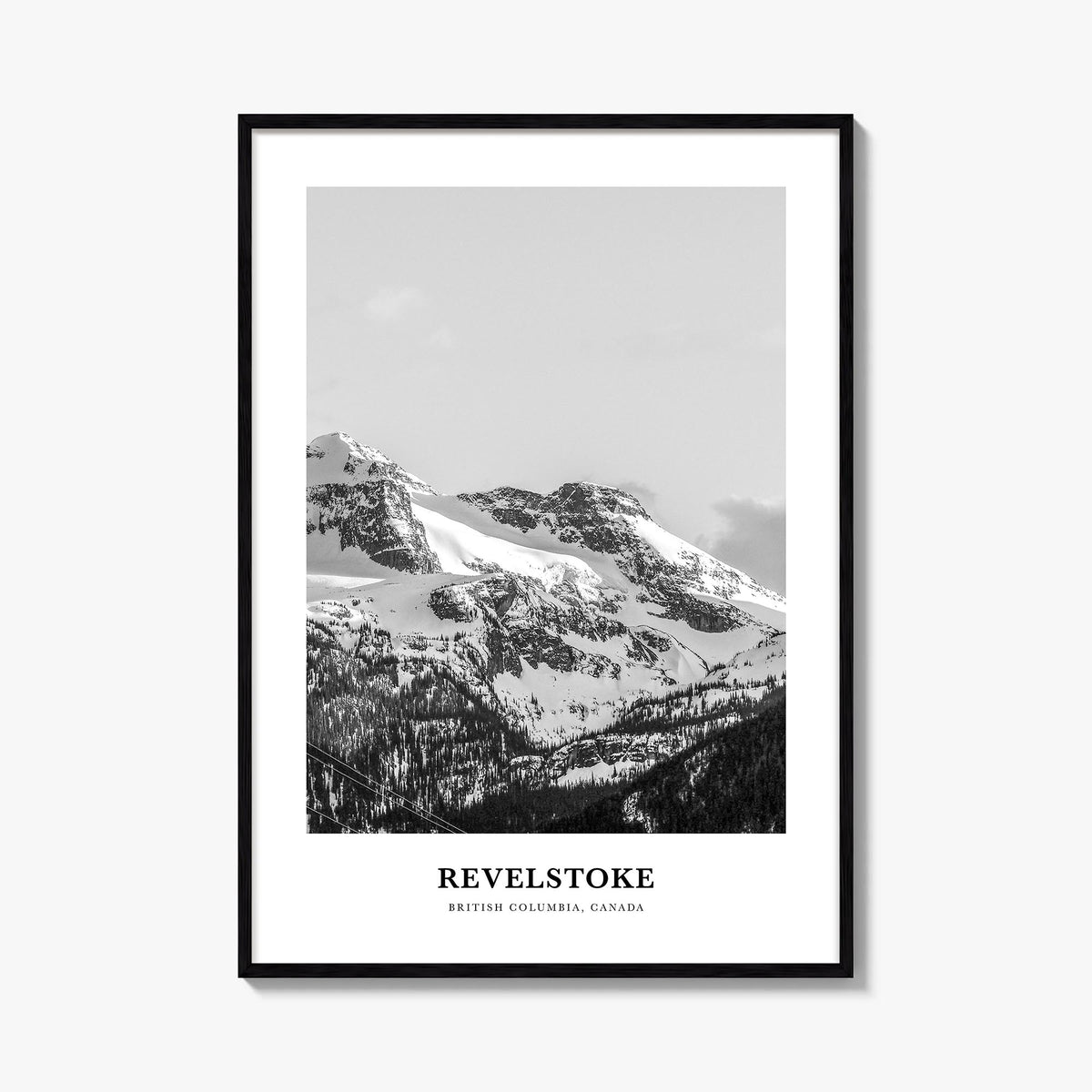 Revelstoke black & white classic poster of British Columbia, Canada – vertical wall art, unframed print shown in interior moc