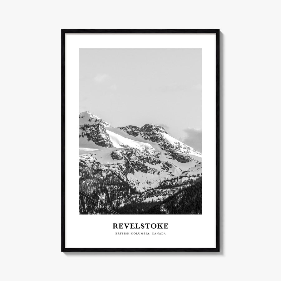 Revelstoke black & white classic poster of British Columbia, Canada – vertical wall art, unframed print shown in interior moc