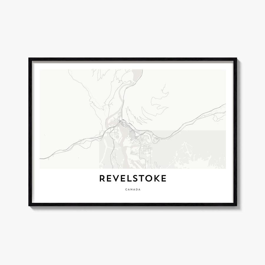 Revelstoke black & white map poster of British Columbia, Canada – horizontal wall art, unframed print shown in interior mocku