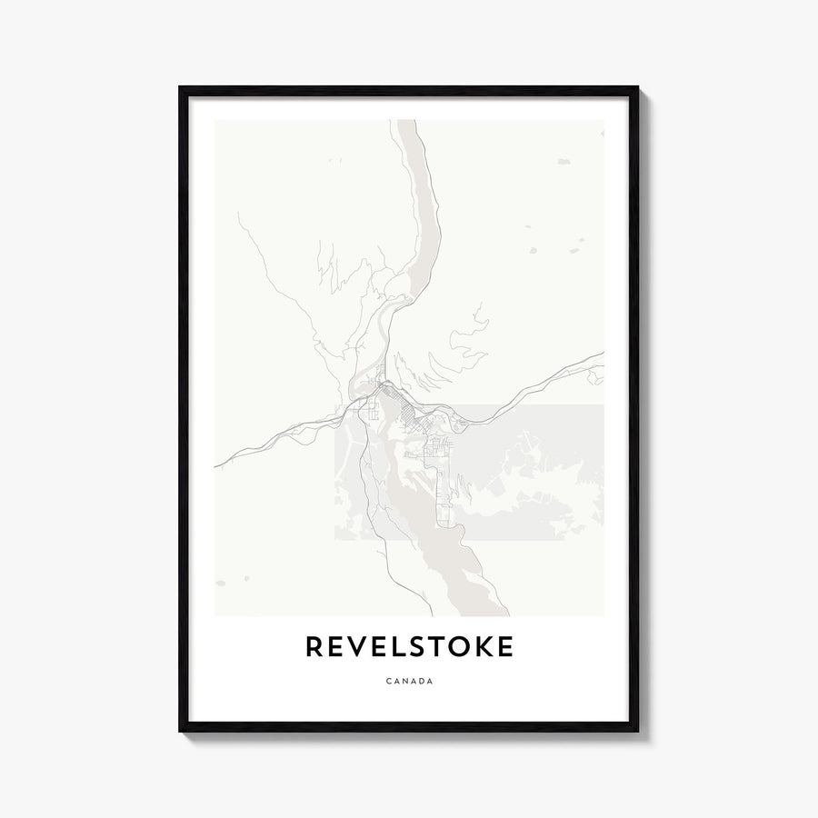 Revelstoke black & white map poster of British Columbia, Canada – vertical wall art, unframed print shown in interior mockup