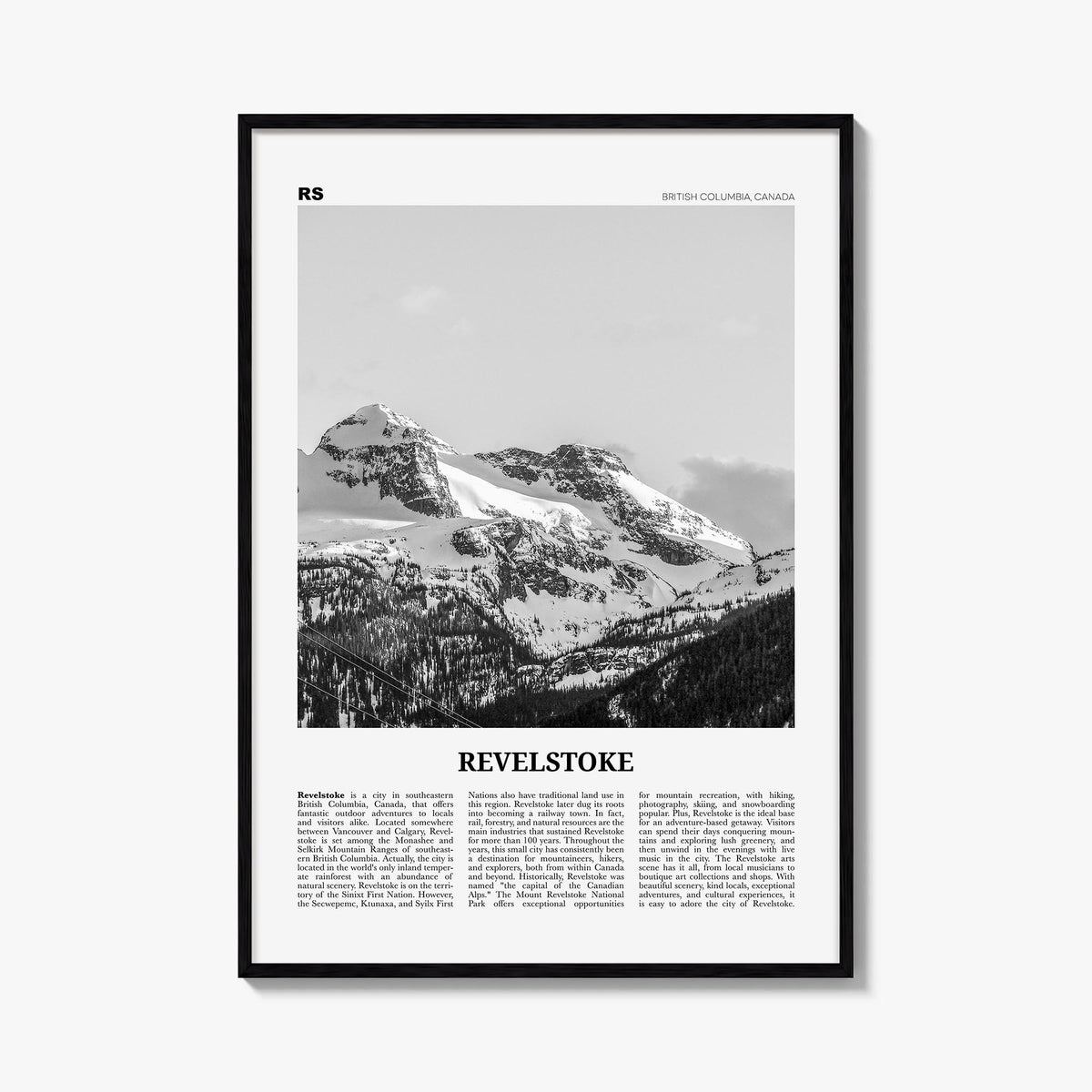Revelstoke black & white newspaper poster of British Columbia, Canada – vertical wall art, unframed print shown in interior m