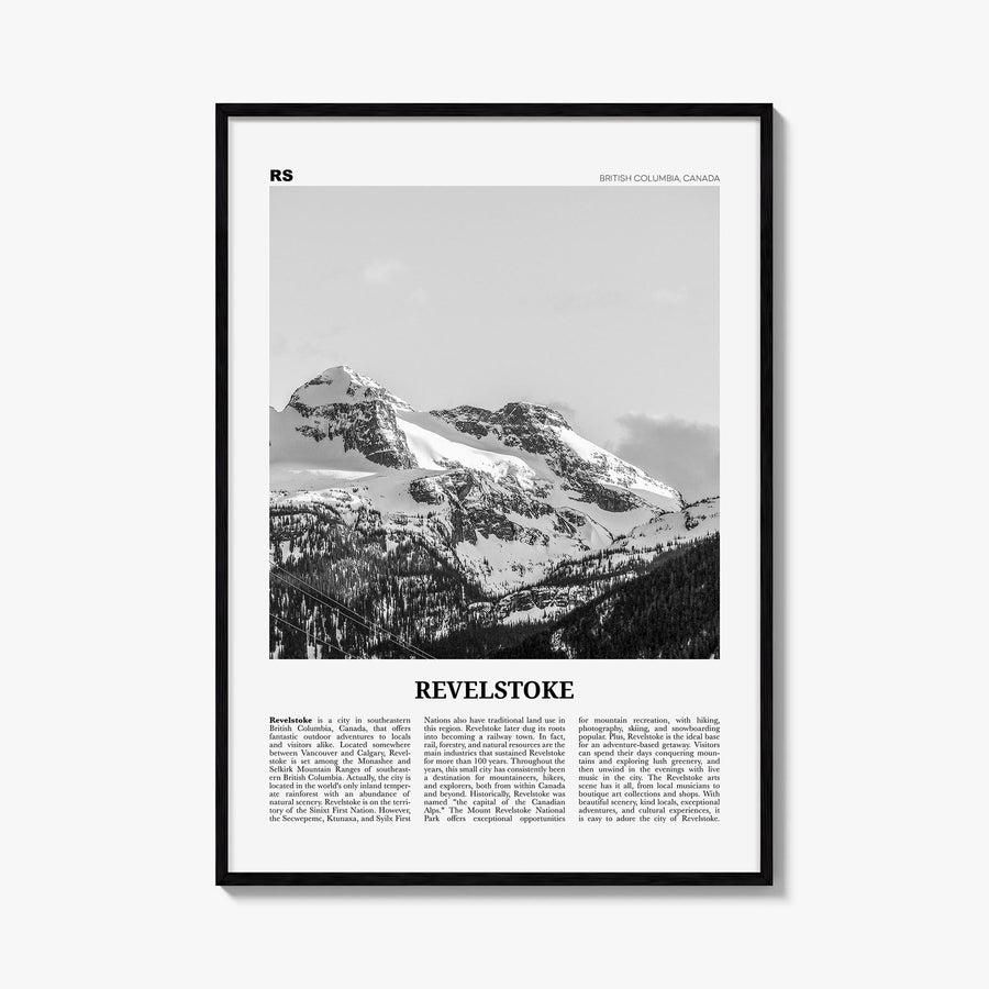 Revelstoke black & white newspaper poster of British Columbia, Canada – vertical wall art, unframed print shown in interior m