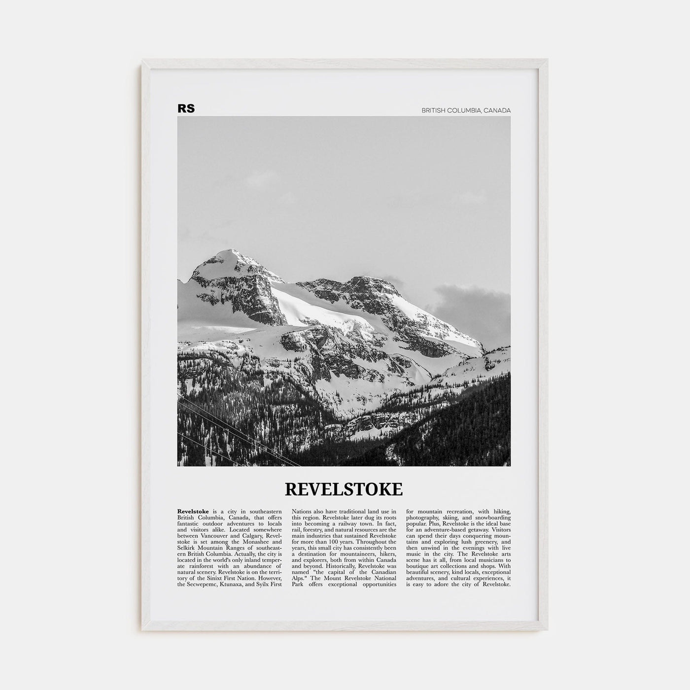 Revelstoke Poster White Wood / 8x12 in Nbourhood Travel B&W Poster