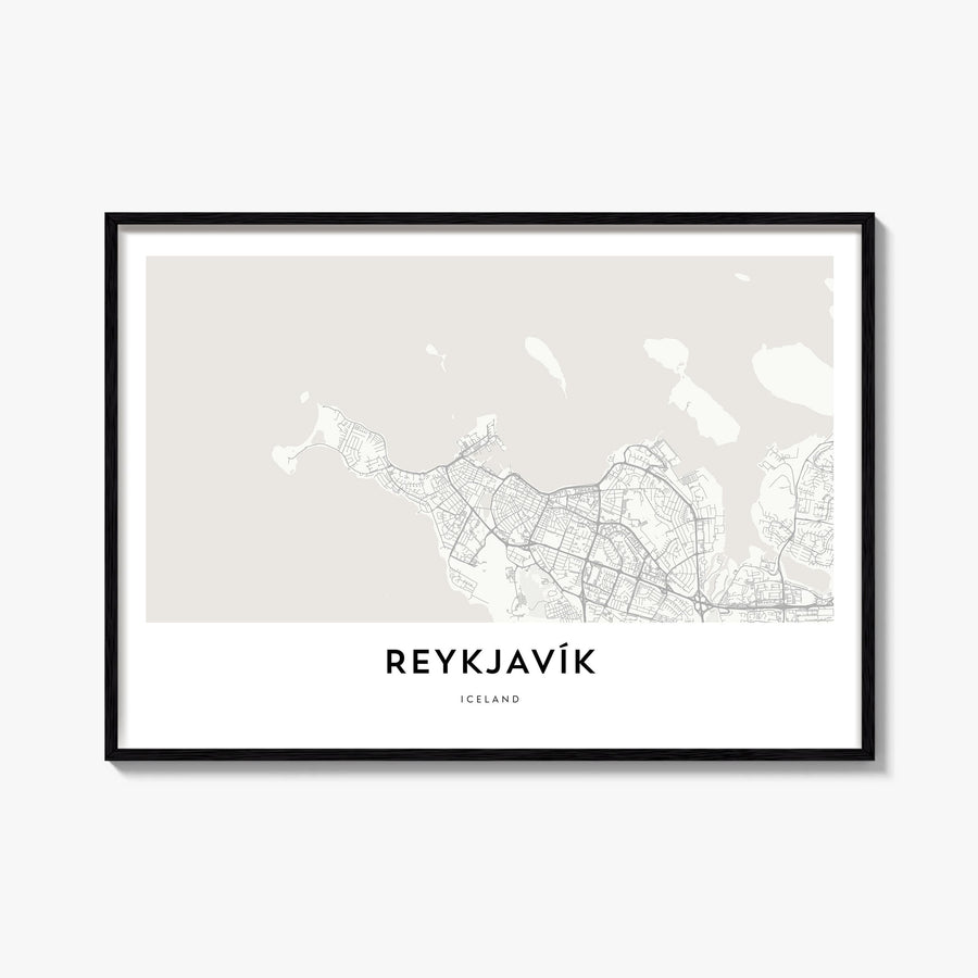 Reykjavík black & white map poster of Iceland – horizontal wall art, unframed print shown in interior mockup