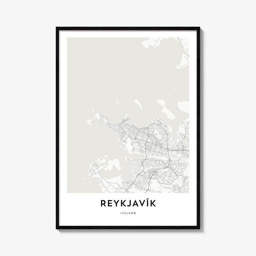 Reykjavík black & white map poster of Iceland – vertical wall art, unframed print shown in interior mockup