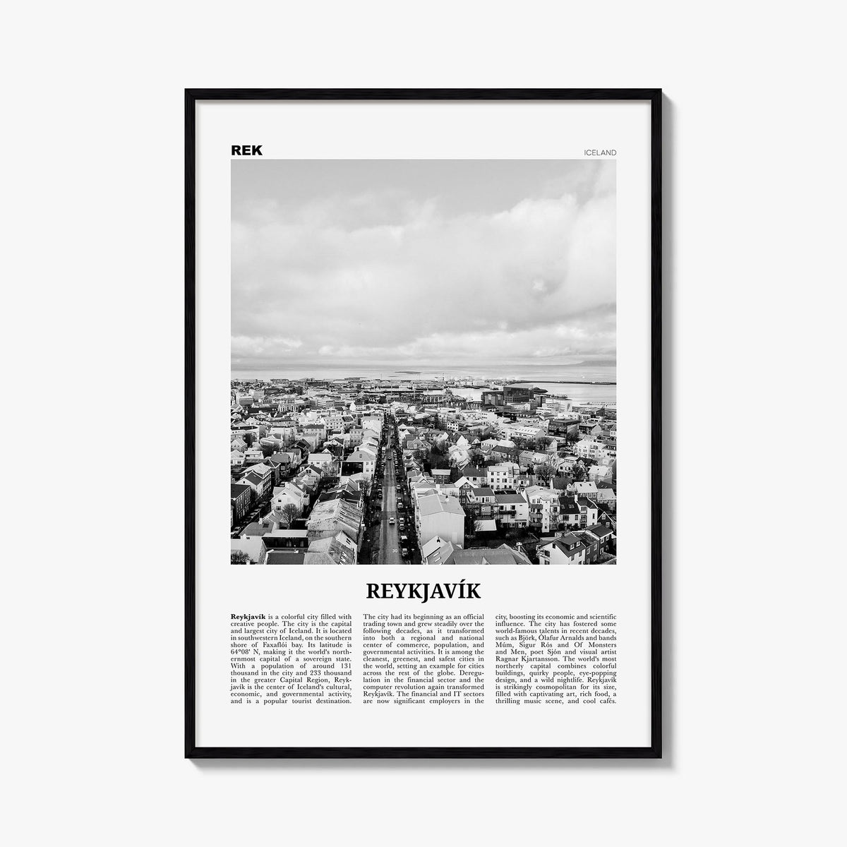 Reykjavík black & white newspaper poster of Iceland – vertical wall art, unframed print shown in interior mockup