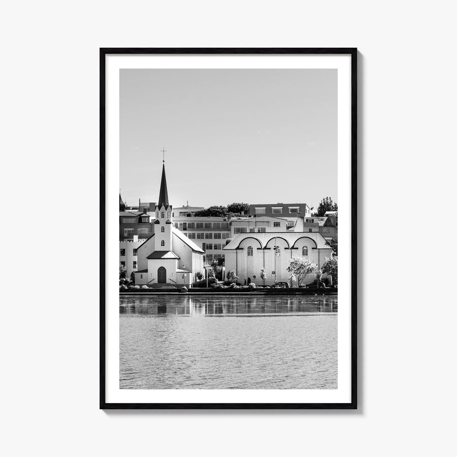 Reykjavík black & white photo poster of Iceland – vertical wall art, unframed print shown in interior mockup
