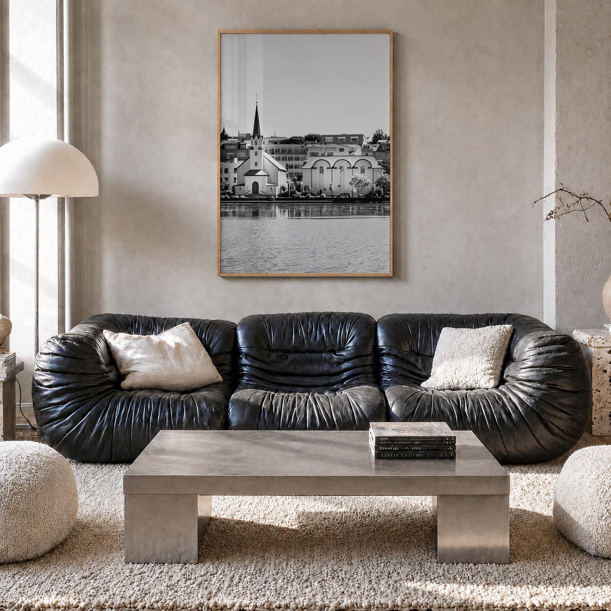 Reykjavík black & white photo poster of Iceland – vertical wall art in natural wood frame, hanging on wall