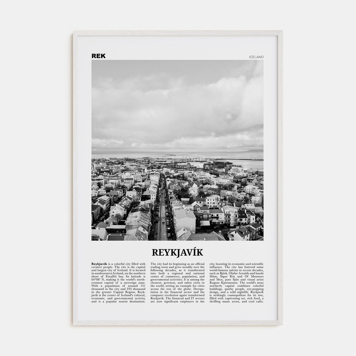 Reykjavík Poster White Wood / 8x12 in Nbourhood Travel B&W Poster