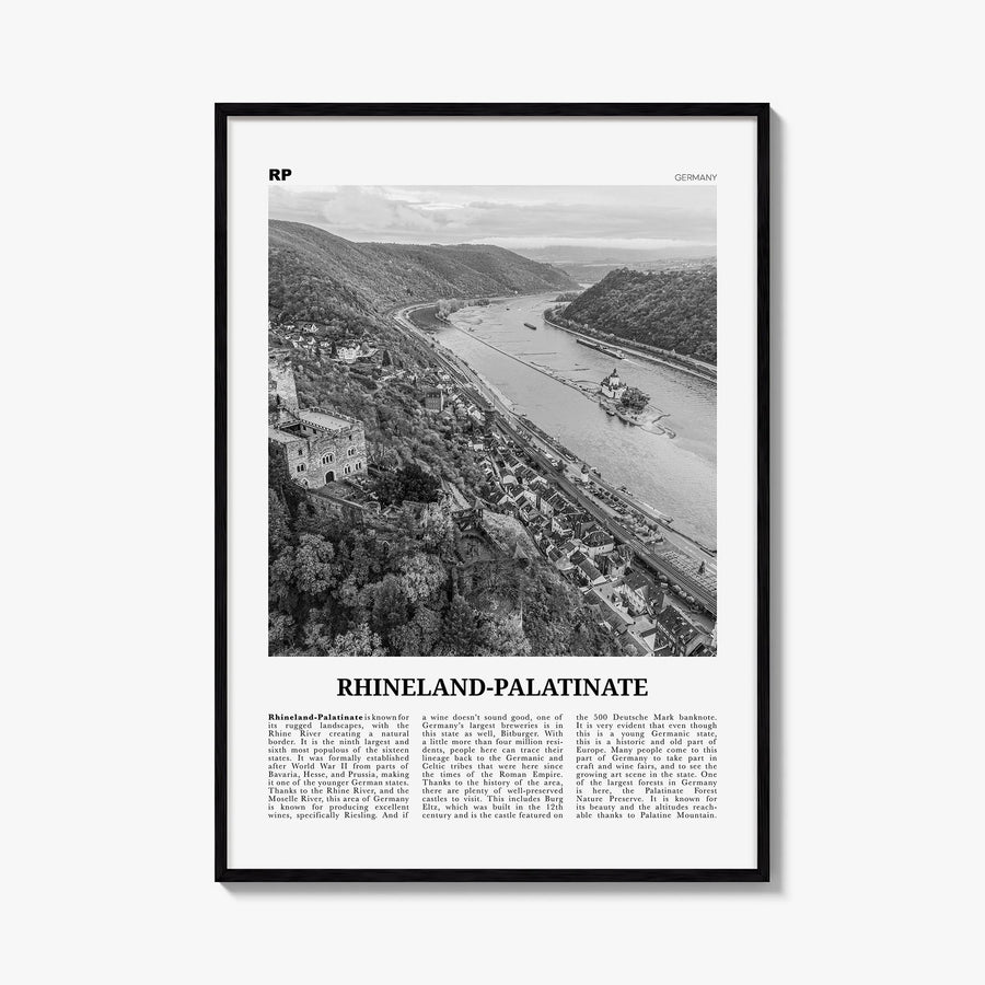 Rhineland-Palatinate black & white newspaper poster of Germany – vertical wall art, unframed print shown in interior mockup