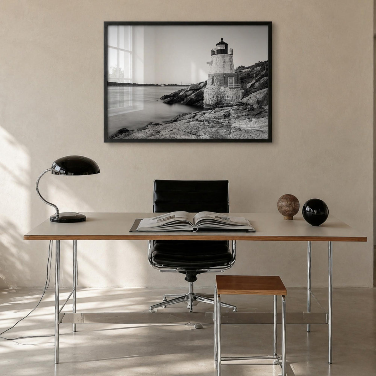 Rhode Island black & white photo poster of United States – horizontal wall art in black wood frame, hanging on wall